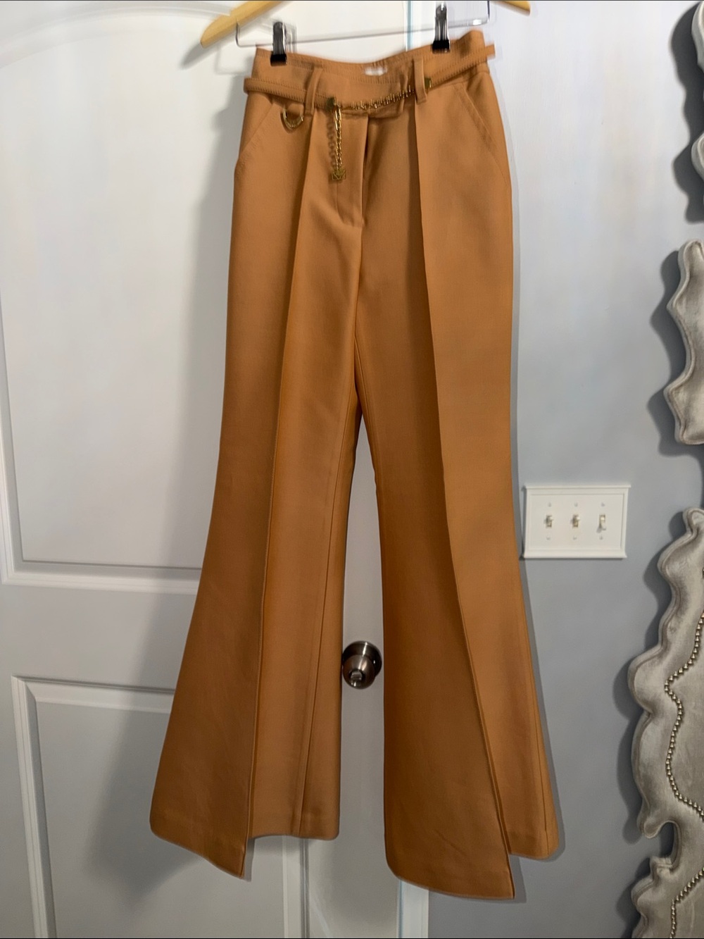 Zimmermann AU0 Wide-Leg Pants in Camel Brown with Gold Chain
